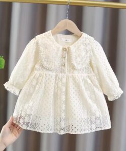 Vestido Infantil Katy Elegante em Manga Longa Off White Menina Renda e Perolas Primavera Verão Festa Daminha Batizado Premium Luxo