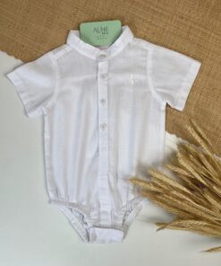 Body Branco em Cambraia Gola Padre com Botões Bordado Cavalinho Infantil Bebe Manga Curta