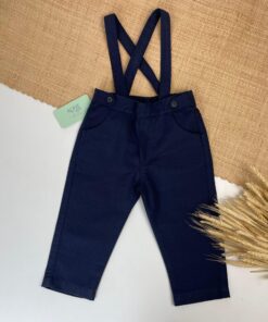 Jardineira Infantil Azul Marinho em Linho Macacão Menino Calça Luxo