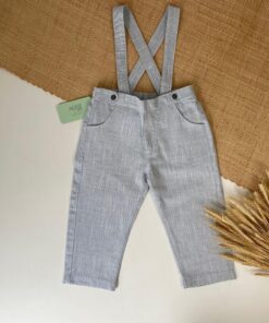 Jardineira Infantil Premium em Flamê Azul Bebê Textura de Linho Macacão Menino Calça Luxo