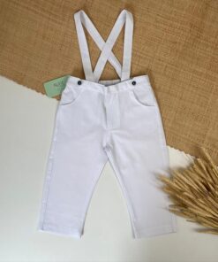 Jardineira Infantil Premium em Flamê Branca Textura de Linho Macacão Menino Calça Luxo