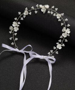 Arranjo Infantil Faixa de Cabelo Branco Perolado com Prata Flor Grinalda Penteado Daminha Batizado