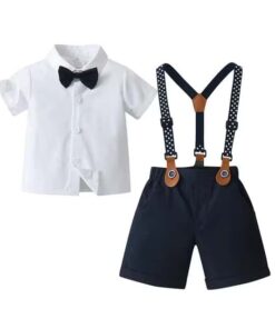 Conjunto Infantil Menino Natal Bermuda Azul Marinho Camisa em Manga Curta Branca Suspensório Estampado Estrela e Gravata Festas
