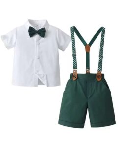 Conjunto Infantil Menino Natal Bermuda Verde Camisa em Manga Curta Branca Suspensório Estampado Estrela e Gravata Festas