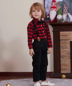 Conjunto Infantil Menino Natal Calça Preta Camisa Xadrez Suspensório e Gravata Preto Festas