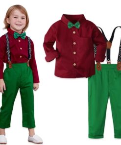 Conjunto Infantil Menino Natal Calça Verde Camisa Vermelho Suspensório Azul Estrelado e Gravata Verde Festas