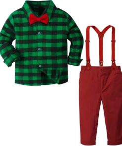 Conjunto Infantil Menino Natal Calça Vermelha Camisa Xadrez Verde Suspensório e Gravata Borboleta Vermelho Festas