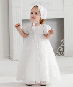 Alternative view of Mandrião Infantil Liz Bebê Vestido com Touca em Tule Bordado Batizado Renda Manga Princesa Branco Luxo