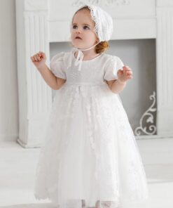 Mandrião Infantil Liz Bebê Vestido com Touca em Tule Bordado Batizado Renda Manga Princesa Branco Luxo