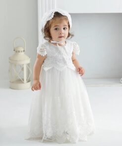 Mandrião Infantil Mia Bebê Vestido com Touca em Tule Bordado e Renda Guipir Batizado Branco Luxo