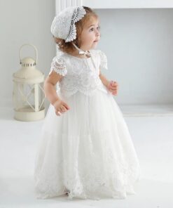 Alternative view of Mandrião Infantil Mia Bebê Vestido com Touca em Tule Bordado e Renda Guipir Batizado Branco Luxo