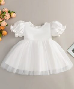 Vestido Infantil Menina Betina em Cetim e Tule com Bordado Pérolas e Laço Bebê Batizado Daminha Casamento Branco Premium Luxo