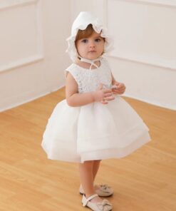 Vestido de Batizado Marie em Organza Bordada e Touca Bebê Daminha Casamento Branco Premium Luxo