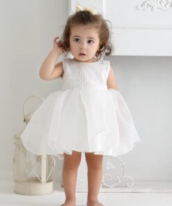 Vestido de batizado Mavi em Organza e Flores Bordadas Bebê Daminha Casamento Branco Premium Luxo