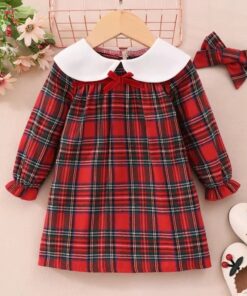 Vestido Infantil Menina com Gola Boneca em Manga Longa Festa Natal e Laço Xadrez Premium Luxo