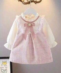Vestido Infantil Dani Princesa Elegante Solto em Manga Longa Gola Redonda Rosa Bebê Festas
