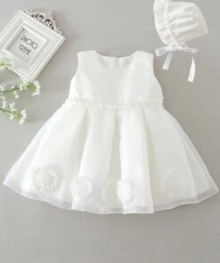Vestido Infantil Sophia Menina Bebê Batizado em Organza com Touca Daminha Casamentos Branco Premium Luxo