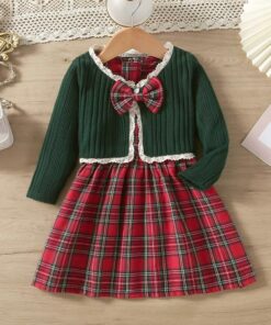Vestido infantil de Natal Menina Xadrez com Bolero La&ccedil;o em Manga Longa Premium Festas