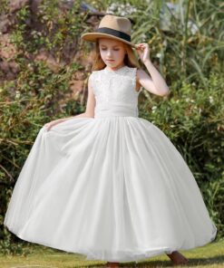 Vestido Infantil Anne Longo Branco em Renda e Tule Elegante Menina Festa Daminha Batizado Premium Luxo