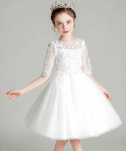 Vestido Infantil Jade Branco em Tule Bordado Flores e Manga 3/4 Festa Daminha Menina Premium Luxo