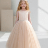Vestido Infantil Louise Longo em Tule Elegante Champagne Festa Daminha Menina Premium Luxo
