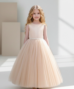 Vestido Infantil Louise Longo em Tule Elegante Champagne Festa Daminha Menina Premium Luxo