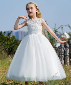 Vestido Infantil Longo Sara Branco em Tule e Renda Elegante Infantil Menina 1ª Comunhão Festa Daminha Batizado Premium Luxo