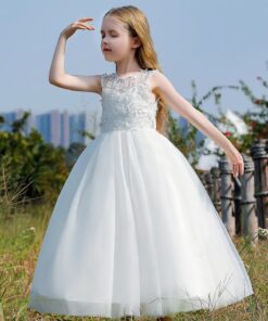 Alternative view of Vestido Infantil Longo Sara Branco em Tule e Renda Elegante Infantil Menina 1ª Comunhão Festa Daminha Batizado Premium Luxo