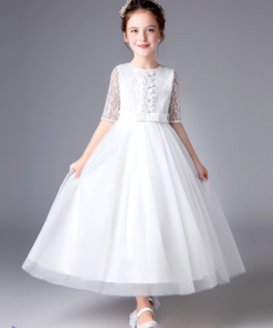 Vestido Infantil Vicky Branco Longo em Tule Bordado e Manga 3/4 Elegante Infantil Menina Festa Daminha Batizado Premium Luxo