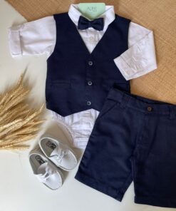 Conjunto Infantil Bento Premium com Body Manga Longa Colete Gravata Borboleta e Bermuda Azul Marinho em Linho Casamentos Festas