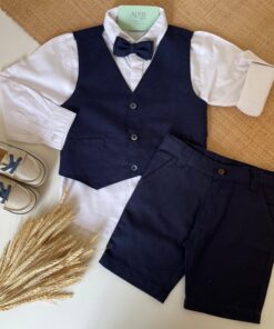 Conjunto Infantil Menino Júlio Premium com Camisa Manga Longa Colete Gravata Borboleta e Bermuda Azul Marinho em Linho Casamentos Festas