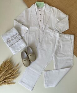 Alternative view of Conjunto Infantil Menino Camisa Bata em Cambraia Blazer e Calça em Flamê Branco Textura de Linho Batizado Casamento Premium Luxo