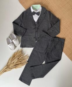 Conjunto Infantil Menino com Camisa Manga Curta em Tricoline Blazer Colete Gravata e Chumbo em Linho Batizado Casamento Premium