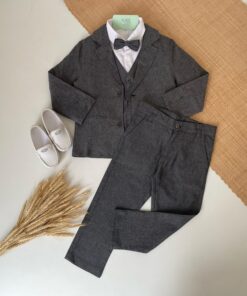 Conjunto Infantil Menino com Camisa em Tricoline Blazer Colete Gravata e Chumbo em Linho Batizado Casamento Premium