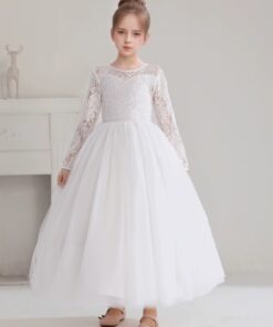 Vestido Infantil Mirella Longo Branco Manga Longa em Renda e Tule Festa Daminha Menina Premium Luxo