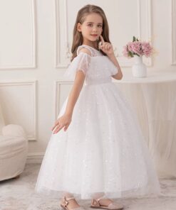 Alternative view of Vestido Infantil Penélope Longo Branco em Renda e Tule com Brilho Festa Daminha Menina Premium Luxo