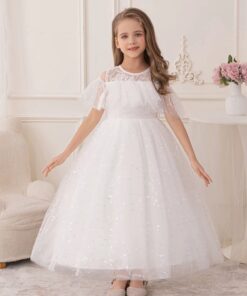 Vestido Infantil Penélope Longo Branco em Renda e Tule com Brilho Festa Daminha Menina Premium Luxo