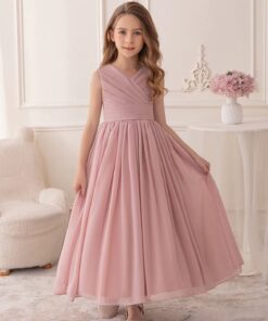 Vestido Infantil Siena Longo Rosé em Musseline de Seda com Drapeado Festa Daminha Menina Premium Luxo