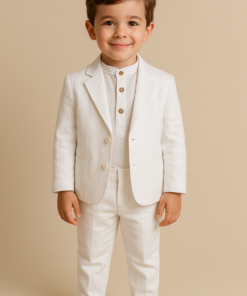 Conjunto Infantil Menino Camisa Bata em Cambraia Blazer e Calça em Flamê Branco Textura de Linho Batizado Casamento Premium Luxo