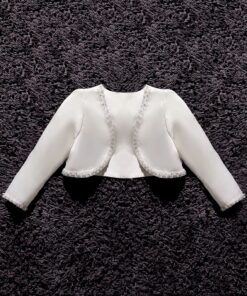 Bolero Infantil Batizado Branco em Algodão Acetinado com Brilho e Pérolas em Manga Longa