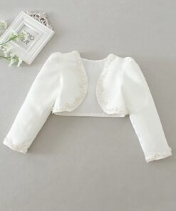 Bolero Infantil Batizado Branco em Algodão com Renda e Aplicação Pérolas em Manga Longa