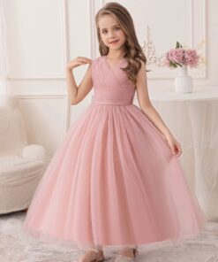 Vestido Infantil Yasmin Longo Rosé em Tule com Drapeado Festa Daminha Menina Premium Luxo