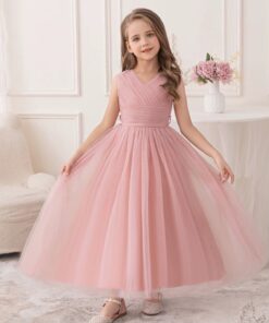 Alternative view of Vestido Infantil Yasmin Longo Rosé em Tule com Drapeado Festa Daminha Menina Premium Luxo