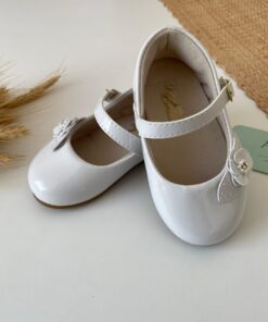 Sapato Sapatilha Bebê Infantil Dora Feminino Branco Flor e Pérolas em Verniz Batizado Menina do 16 ao 22