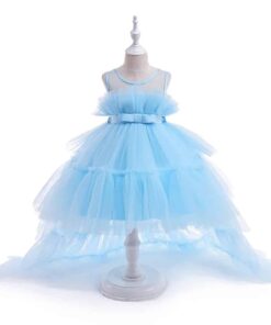 Vestido Infantil Mariana Azul Bebê em Tule com Cauda Elegante Menina Festa Aniversário Formatura