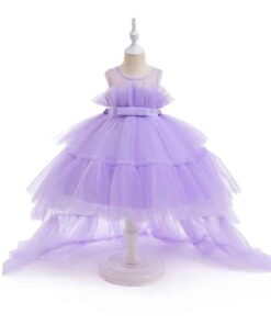 Vestido Infantil Mariana Lilás em Tule com Cauda Elegante Menina Festa Aniversário Casamento Formatura