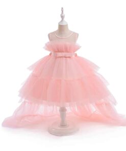 Vestido Infantil Mariana Rosa Bebê em Tule com Cauda Elegante Menina Festa Aniversário Casamento Formatura