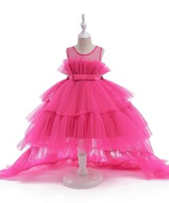 Vestido Infantil Mariana Rosa Pink em Tule com Cauda Elegante Menina Festa Aniversário Casamento Formatura