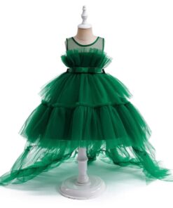 Vestido Infantil Mariana Verde em Tule com Cauda Elegante Menina Festa Aniversário Casamento Formatura