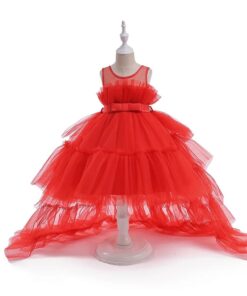 Vestido Infantil Mariana Vermelho em Tule com Cauda Elegante Menina Festa Aniversário Formatura